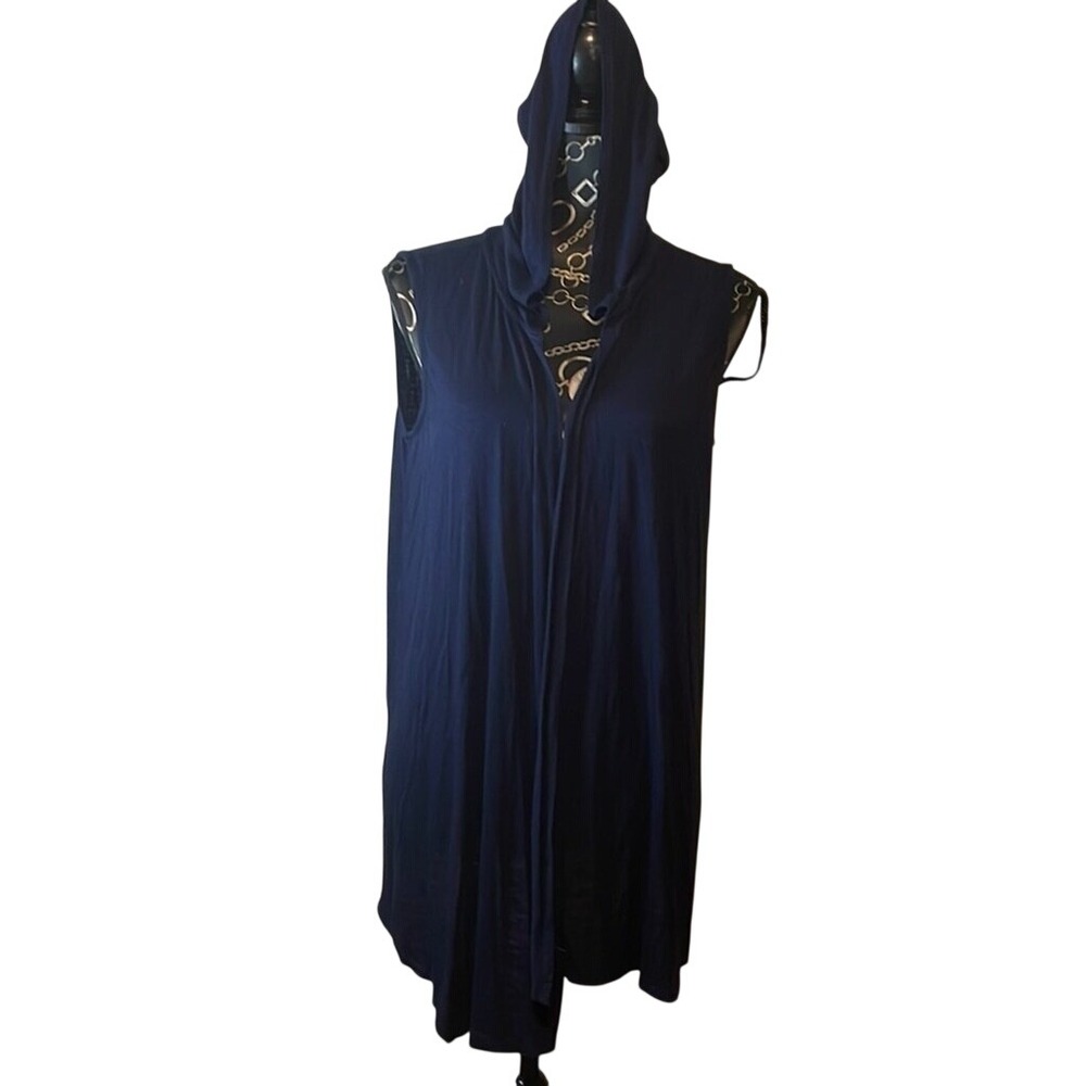 Strazzi Womens Navy Blue Hooded Open Front Sleeveless Longline Vest Cardigan M